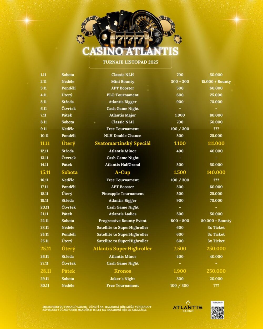 Turnaje listopad Casino Atlantis